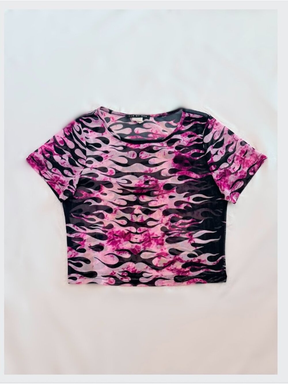 One By One Flame Print Mesh Crop Top Pink Tie Dye S/M